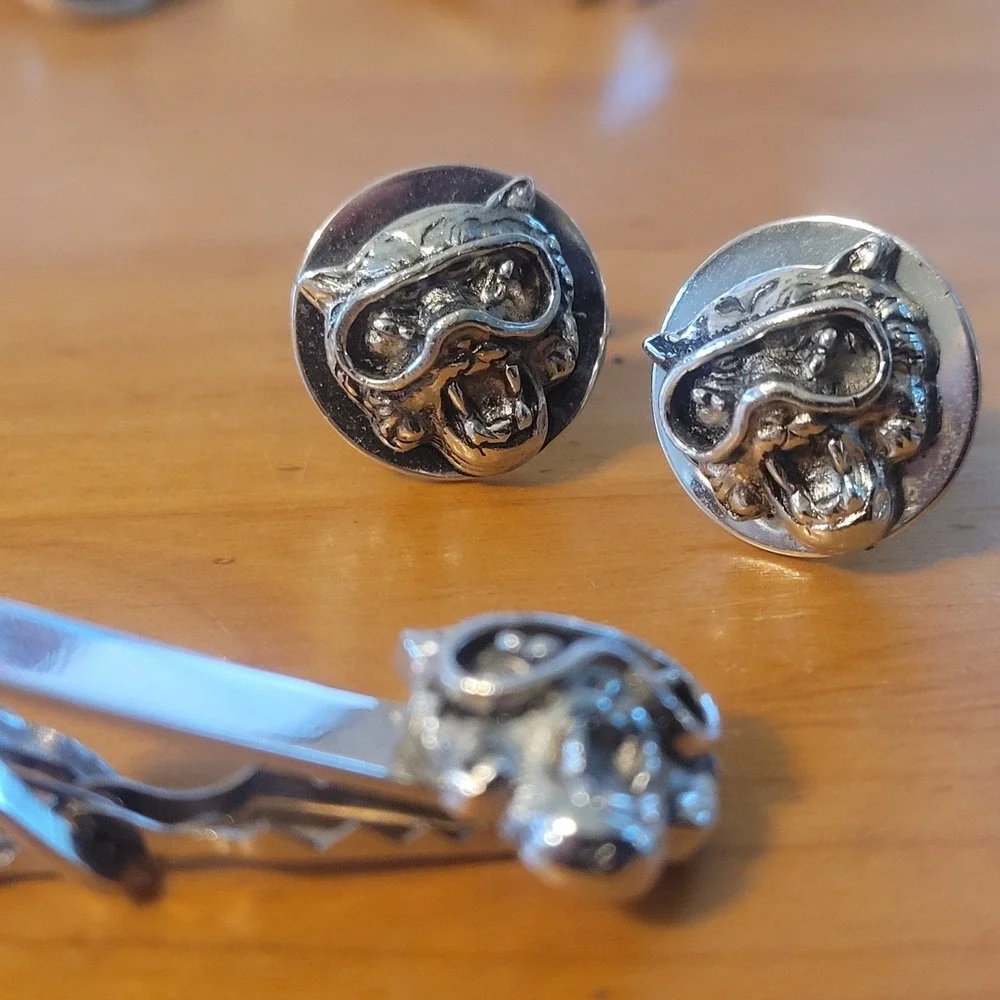 Vintage Silver Tone Aviator Cat Goggles Cufflinks Tie Clip Set Novelty